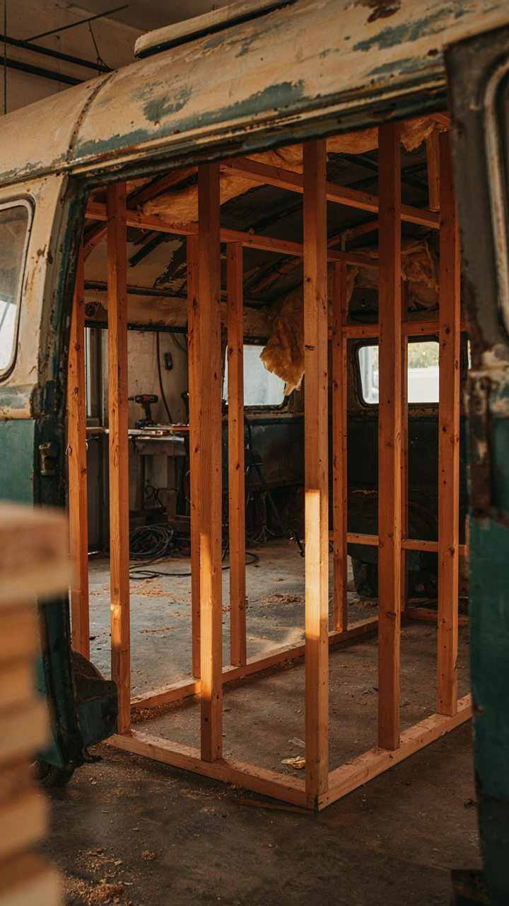 A new wooden frame inside an old, empty camper shell.