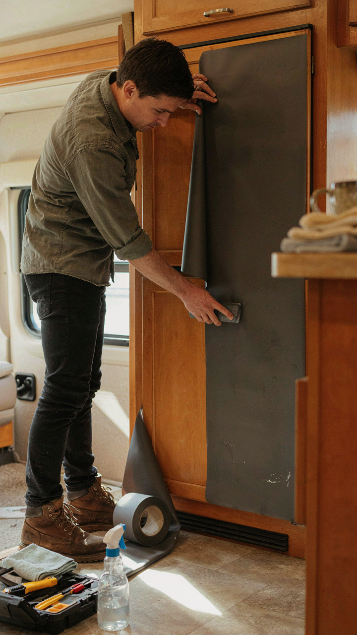 A person carefully applies vinyl wrap to an RV cabinet door.