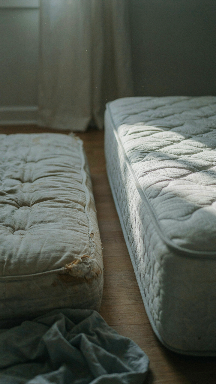 An old, saggy mattress next to a new, firm mattress.