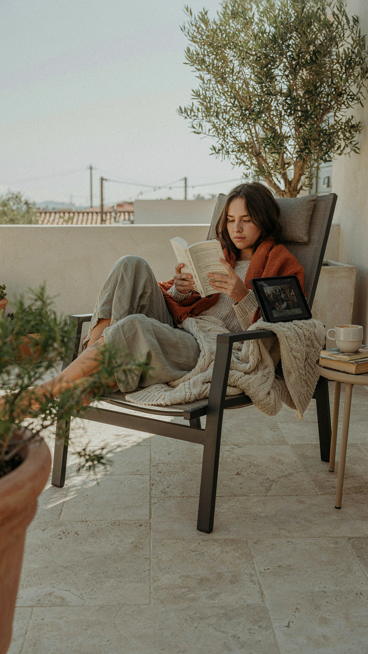 A person comfortably reclines in an ergonomic outdoor chair with good back support.