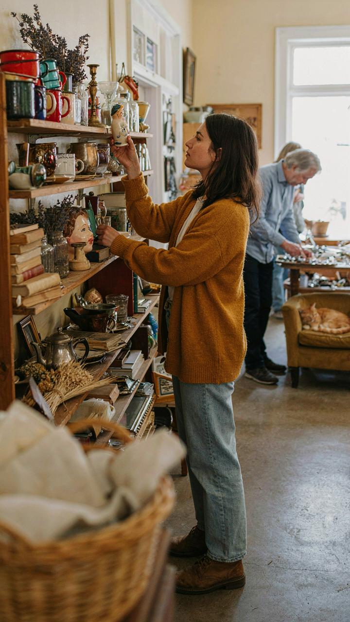 A person looks at old treasures on a shelf in a thrift store, finding rv decor on a budget.