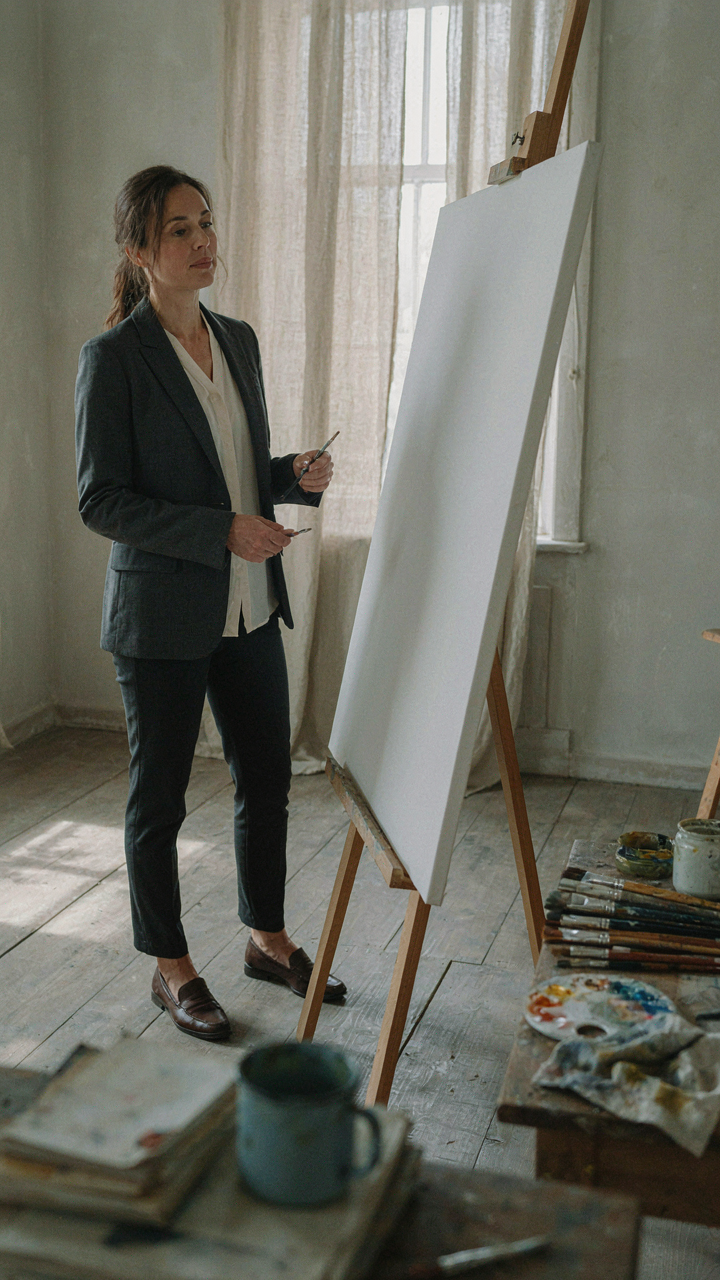 An adult looking at a blank canvas with paint brushes, suggesting creativity.