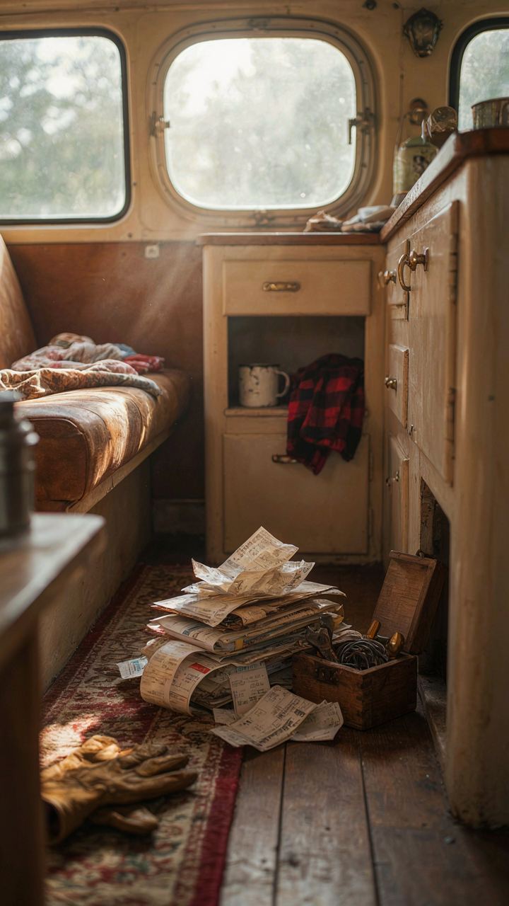 A stack of crumpled receipts sits next to a partially restored vintage camper interior.