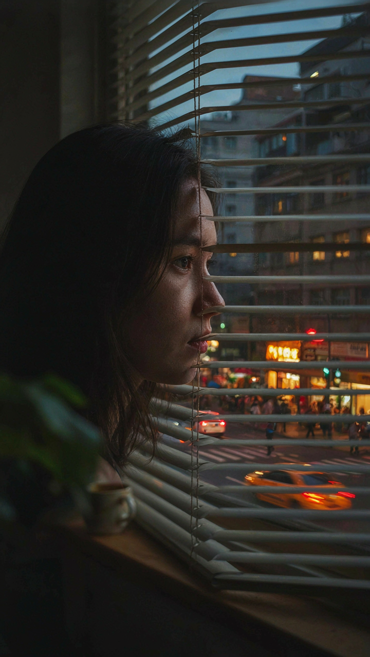 A person peeks through blinds from a dark room at a busy street.