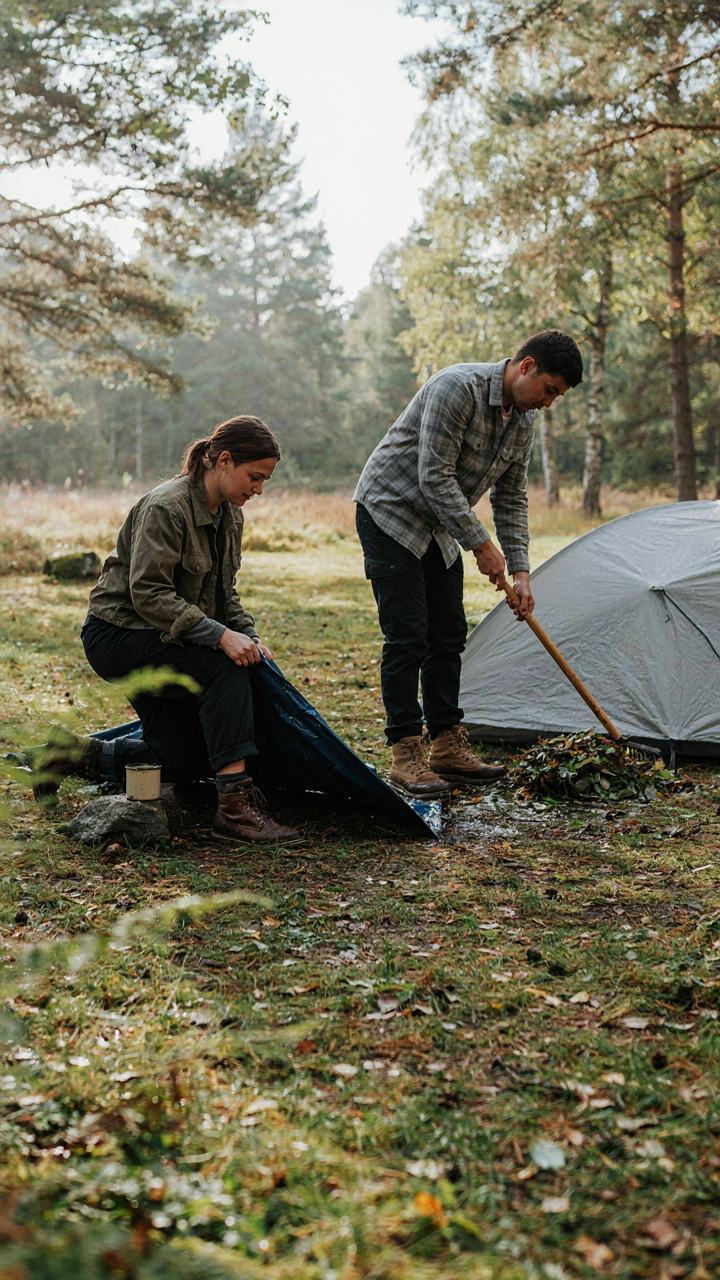 A camper removes standing water and leaf litter from a campsite, preventing bug breeding.