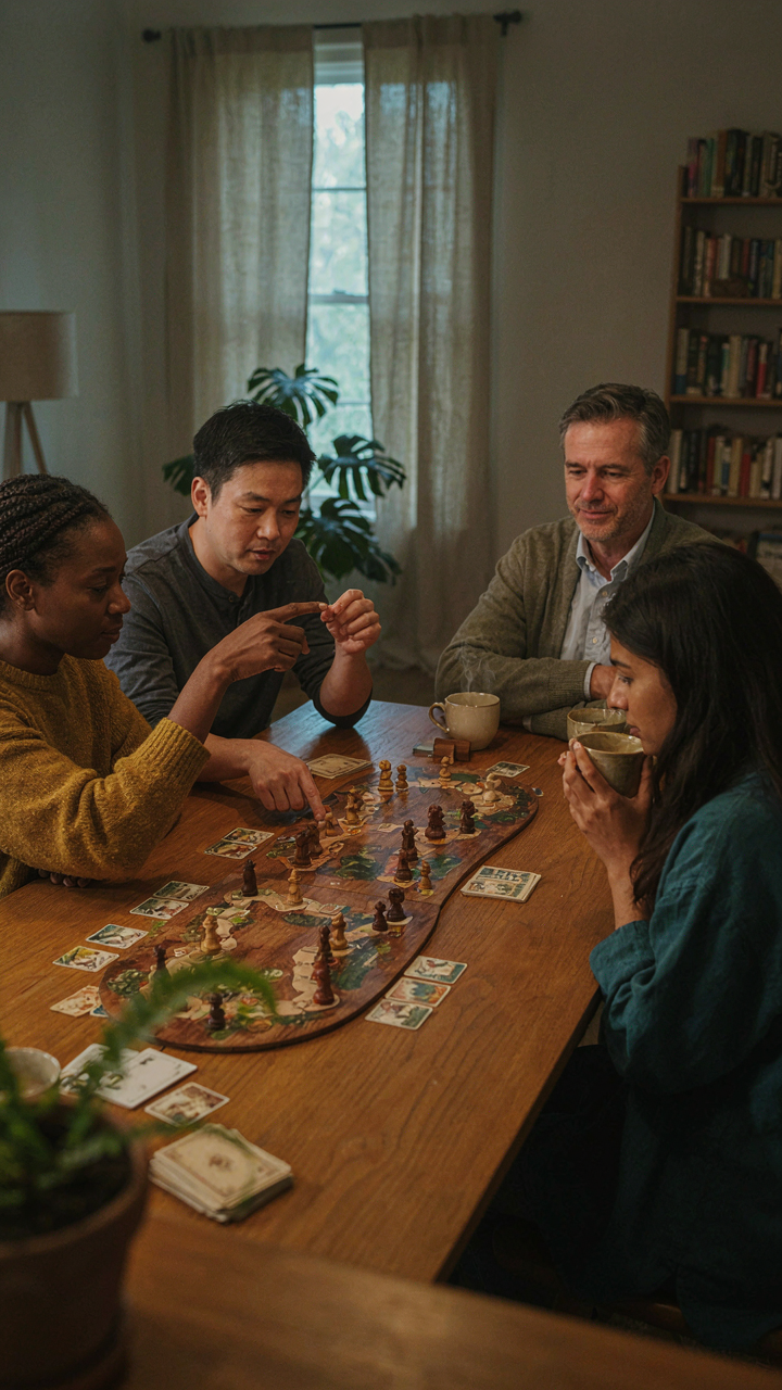 People are intensely focused on a board game with many pieces.