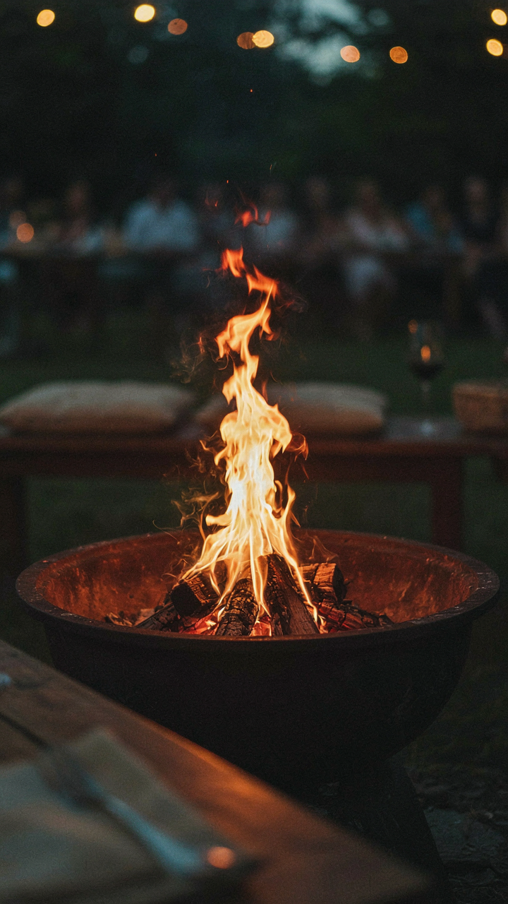 A single, bright flame flickers from a fire pit at night.