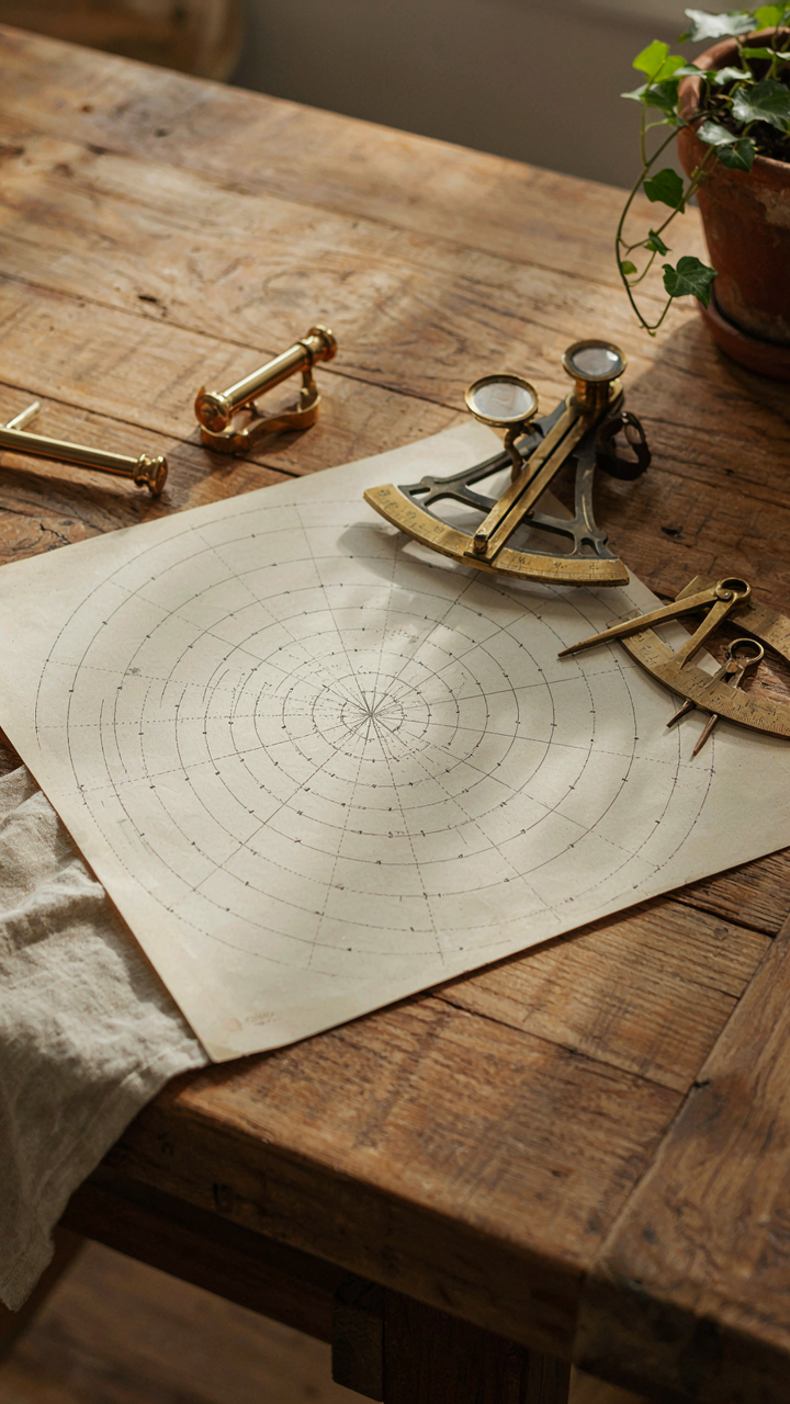 Scientific instruments track sun paths over a pergola structure in a garden.