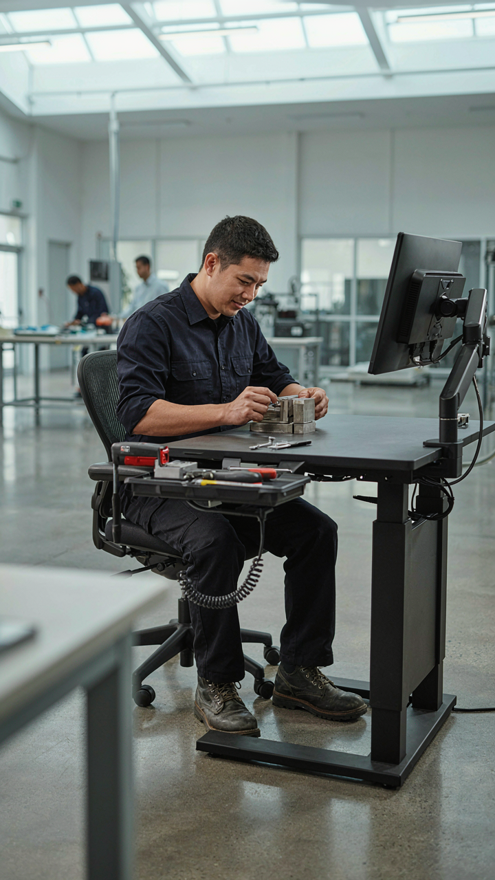 A factory worker uses a well-designed ergonomic workstation.