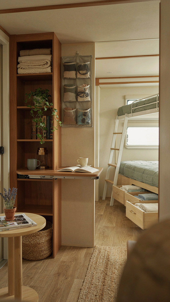 An RV interior shows vertical storage in bunk room ideas.