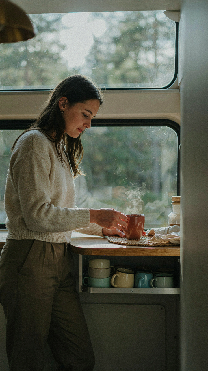 A person easily reaching for a coffee cup in a well-designed ergonomic van kitchen.