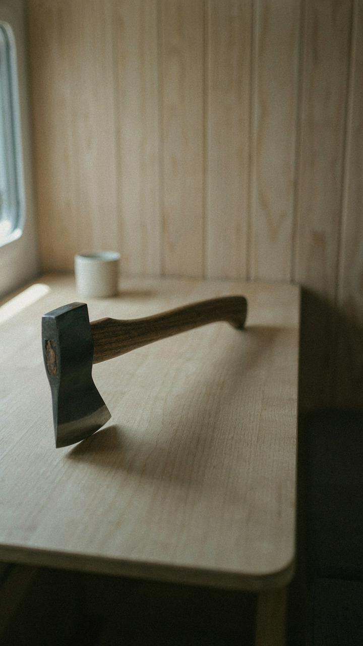 A single camping axe rests on a clean table in a minimalist tiny camper.