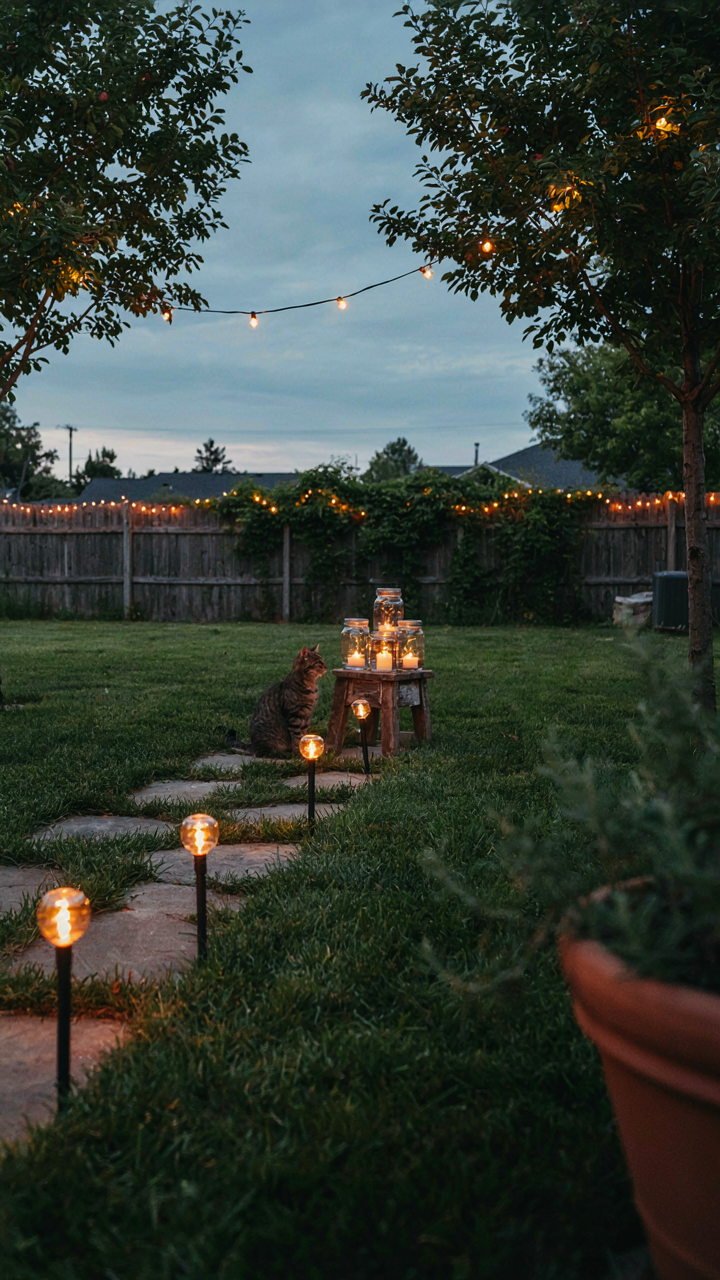 Diverse lights like solar path lights and mason jars glow in a backyard.