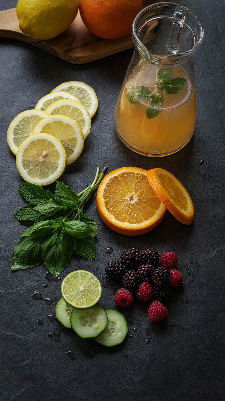 An intricate arrangement of citrus, herbs, roots, and berries for mocktail pitcher recipes.