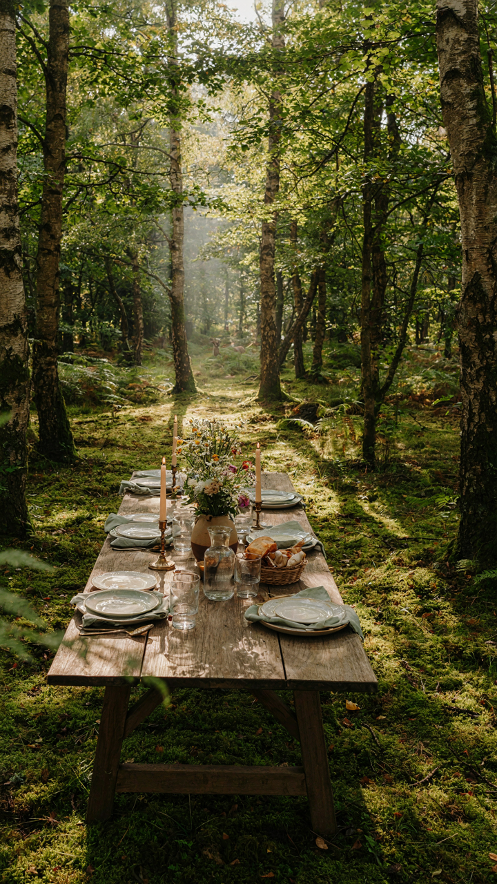 Sunlight dapples onto a beautifully set table in a hidden forest clearing.