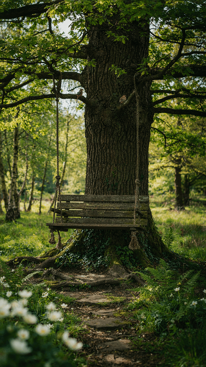 A rustic garden swing seat blends into a natural, leafy setting under an old tree.