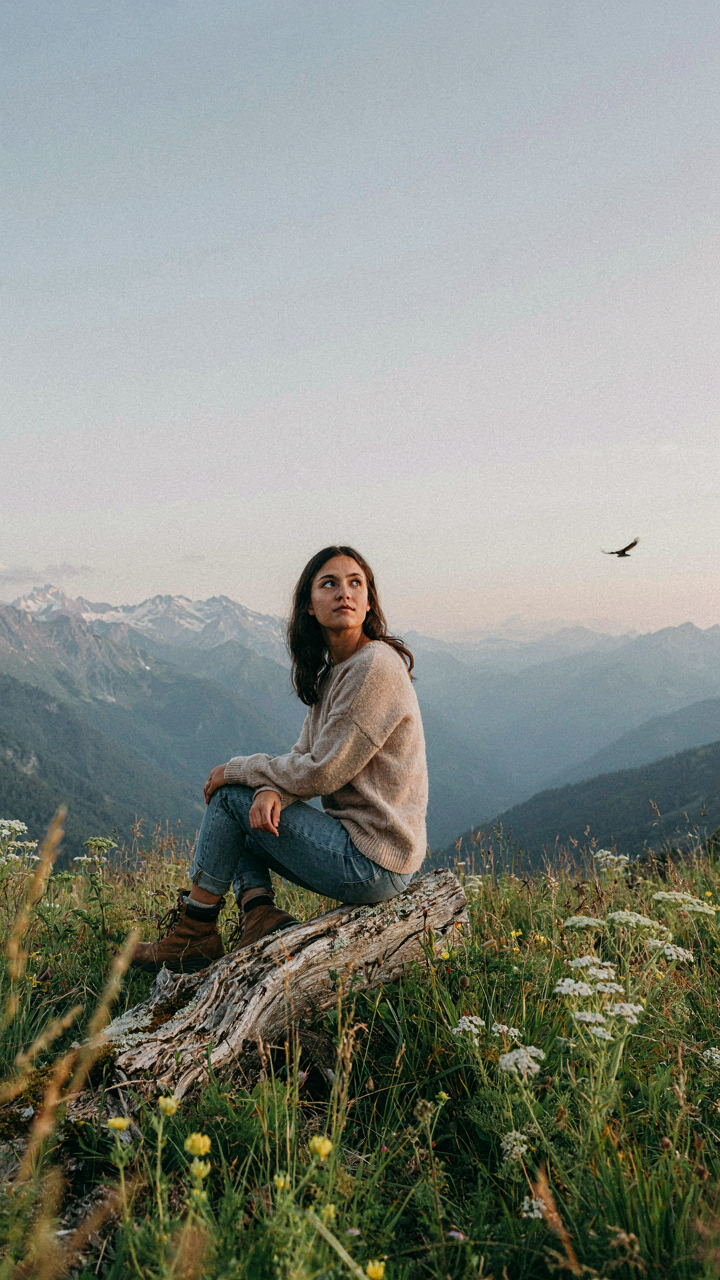 A person sits on a log, gazing at a vast, quiet mountain landscape.