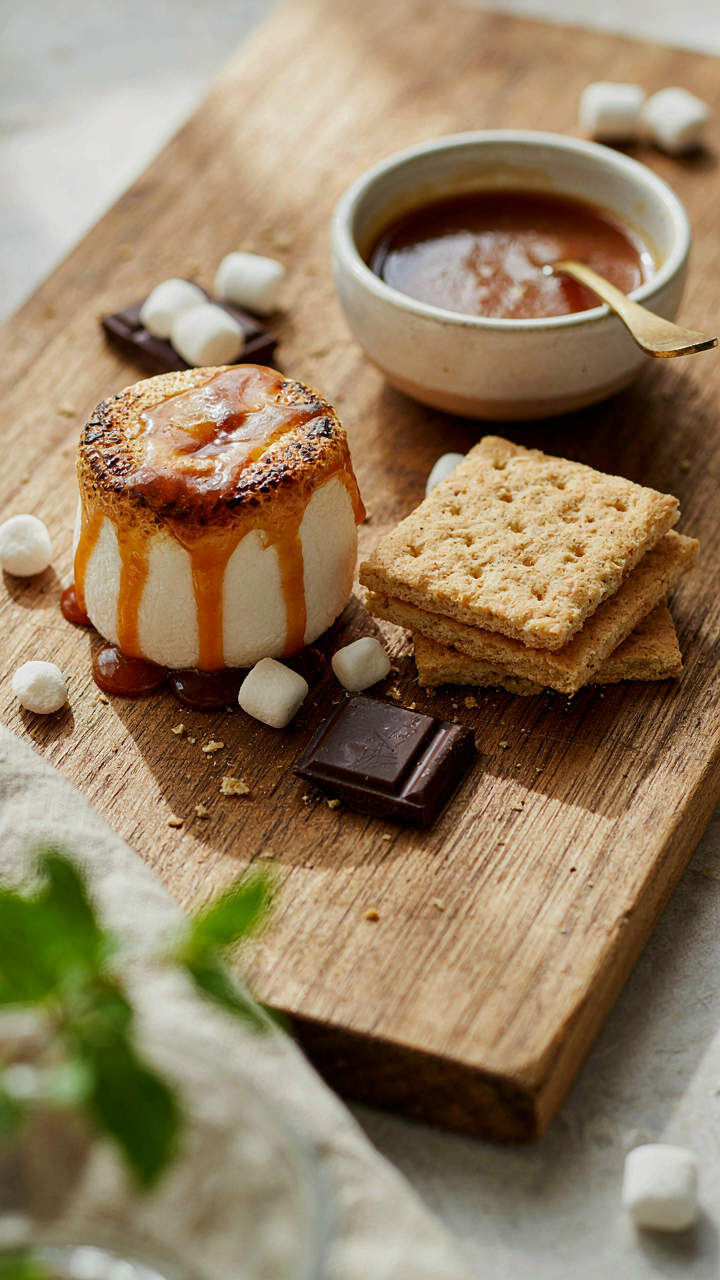 Miso caramel is drizzled on a marshmallow for a special s'mores.