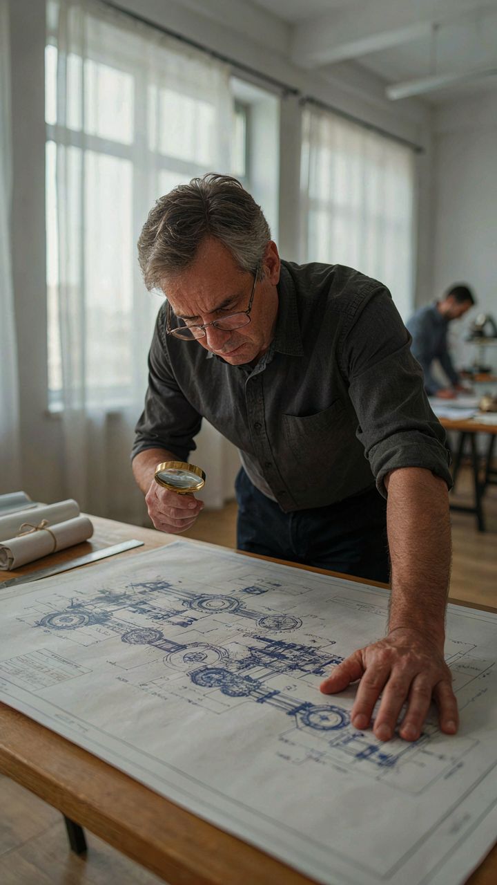 An engineer studies a machine blueprint with a magnifying glass.