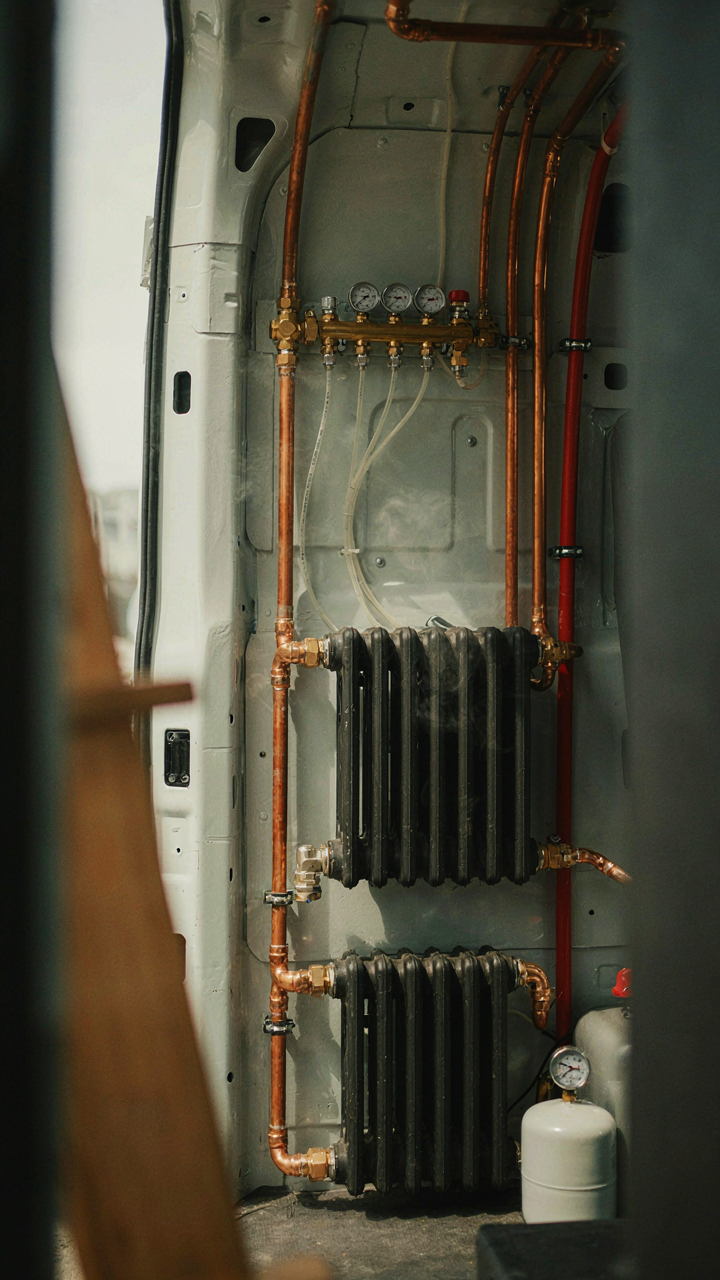 A complex network of pipes and radiators for an advanced campervan heating system.