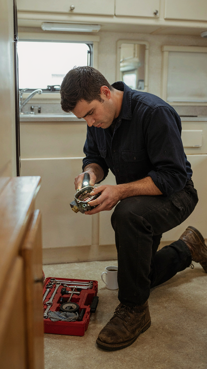 A person inspects a small RV appliance component with tools.