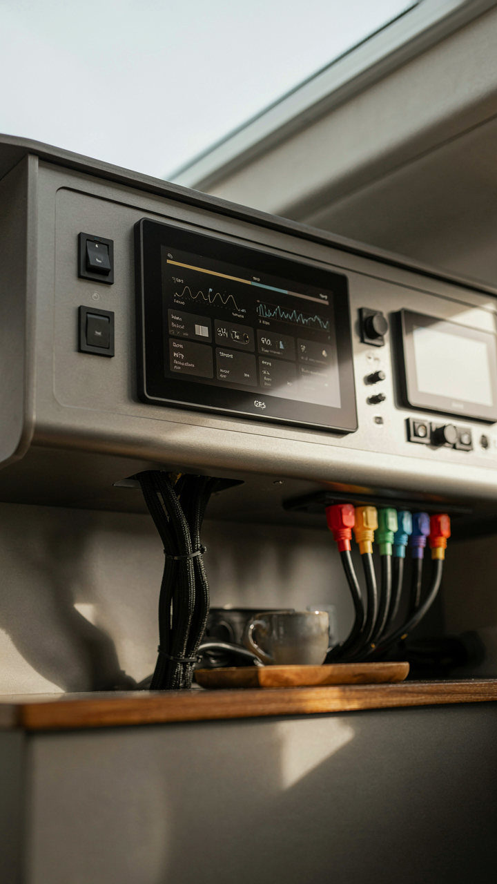 A sophisticated control panel in a modern camper trailer shows diagnostics.