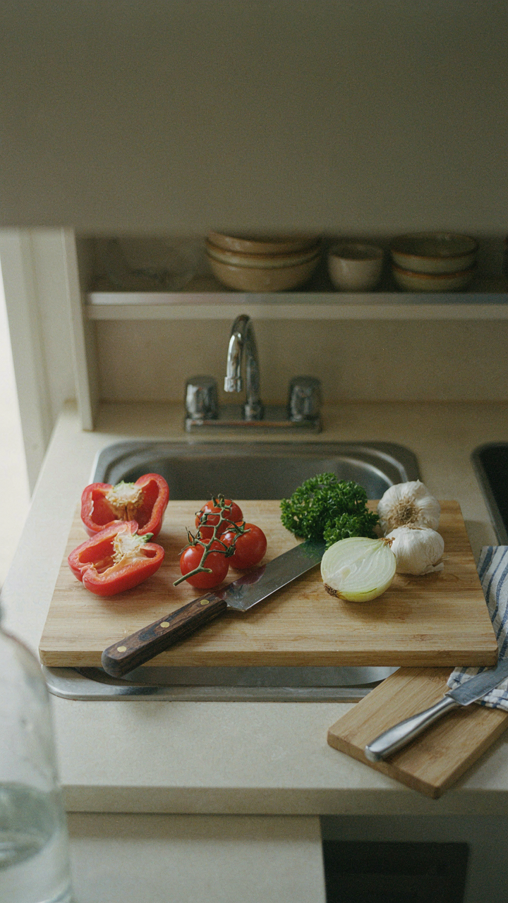 An RV sink is used as a food prep area with vegetables and tools.