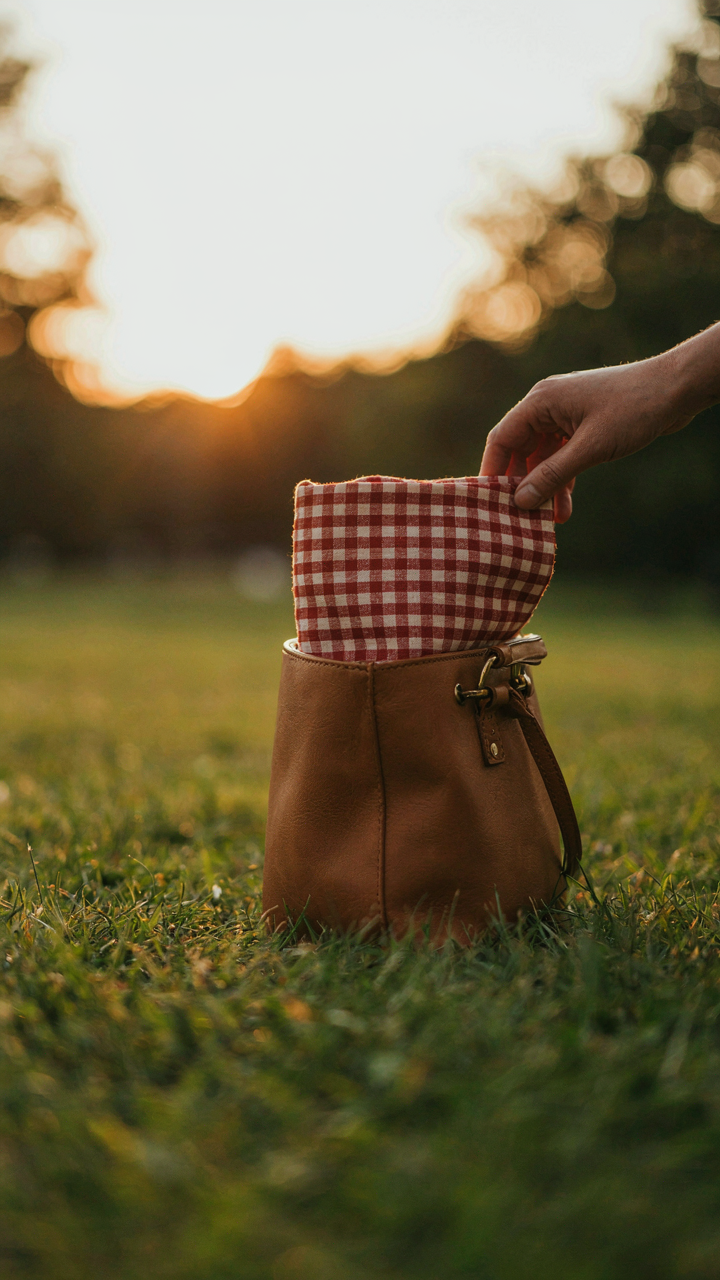 A hand pulls a compact blanket from a tote bag, showing effortless picnic essentials.