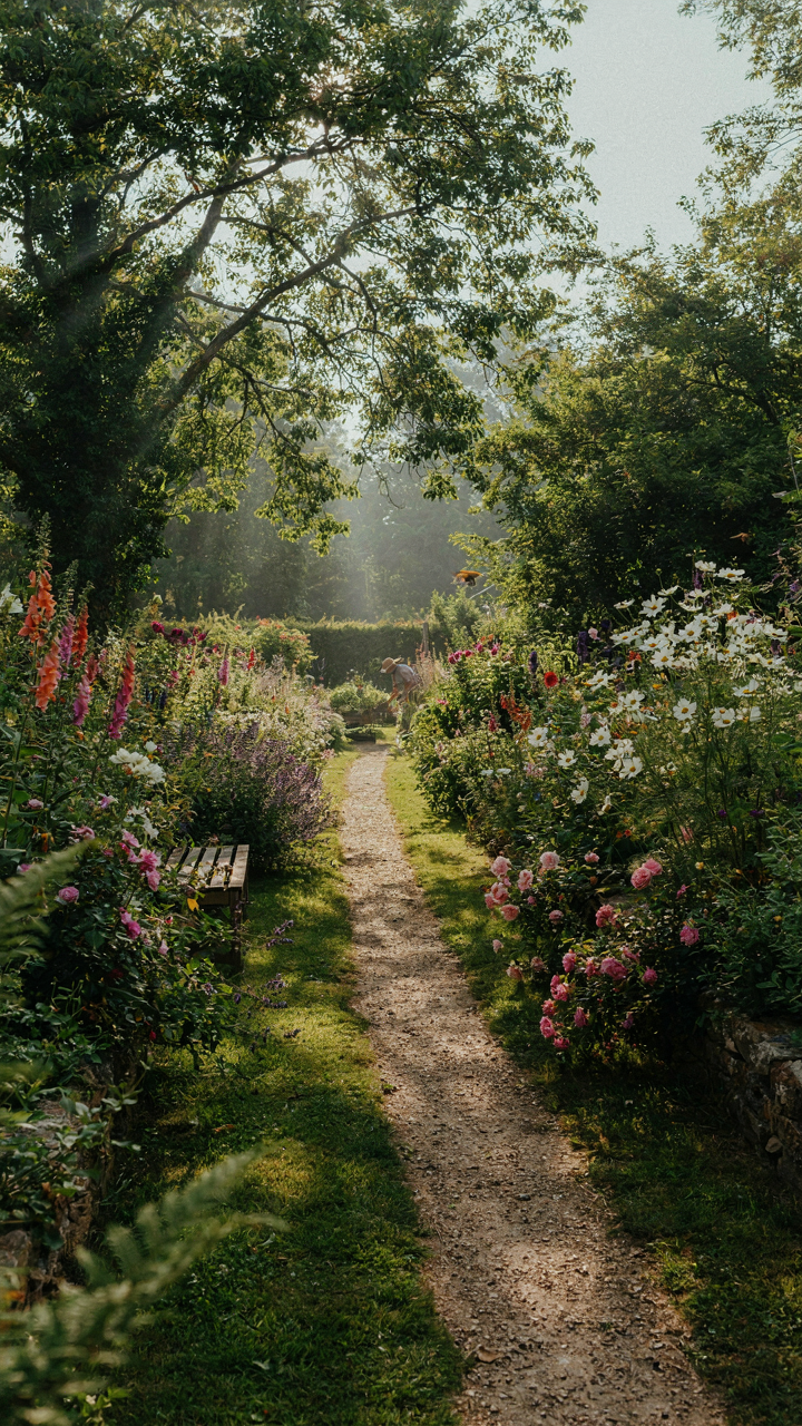 A clear, worn path winds through a green garden under sunlight.