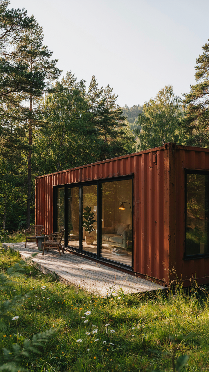 A repurposed shipping container transformed into a modern living space in nature.
