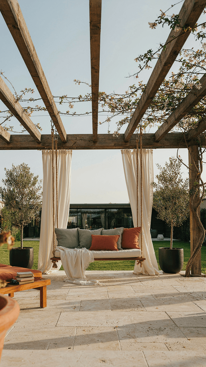 A fancy outdoor bed swing with cushions and drapes hangs under a pergola.