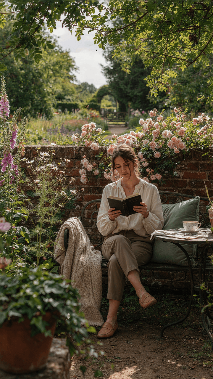 A person reads comfortably on a bench in a functional cottage garden seating nook.