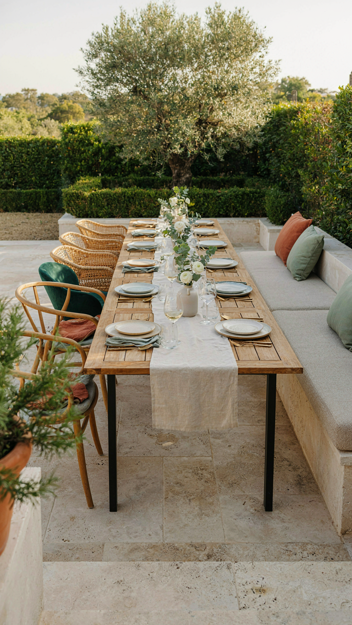 A long outdoor table has both chairs and a bench for seating.