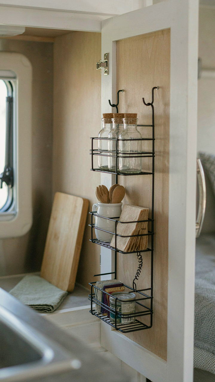 A shower caddy holds spices inside an RV pantry cabinet door.