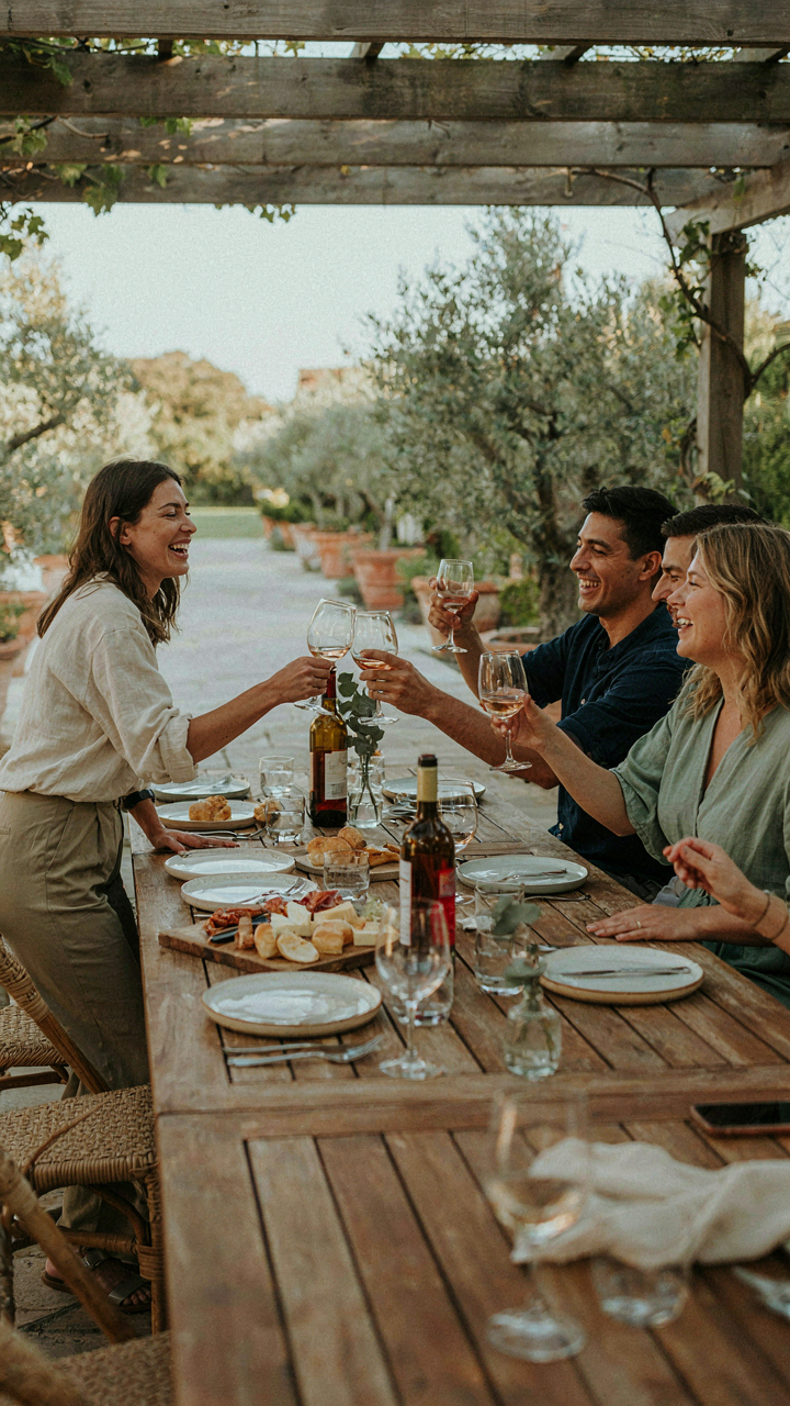 A happy host laughing and toasting with guests at a party.