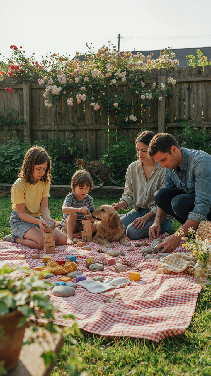 People playing with various loose items like blocks and fabric at a garden picnic.