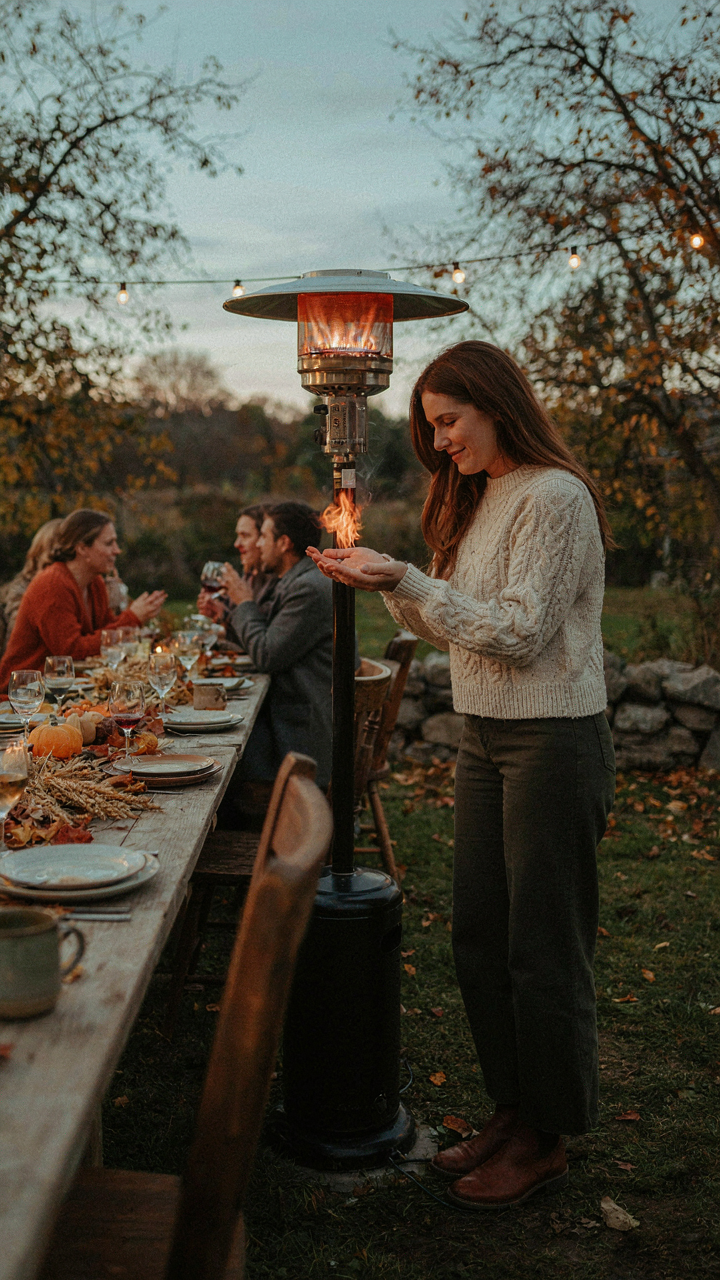 A person warms their hands over a glowing outdoor radiant heater.