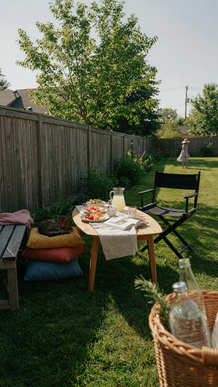 A backyard picnic with diverse seating arrangements at various heights.
