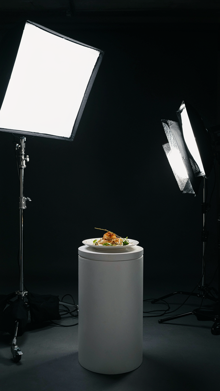 A gourmet dish sits perfectly lit in a professional photo studio setup.
