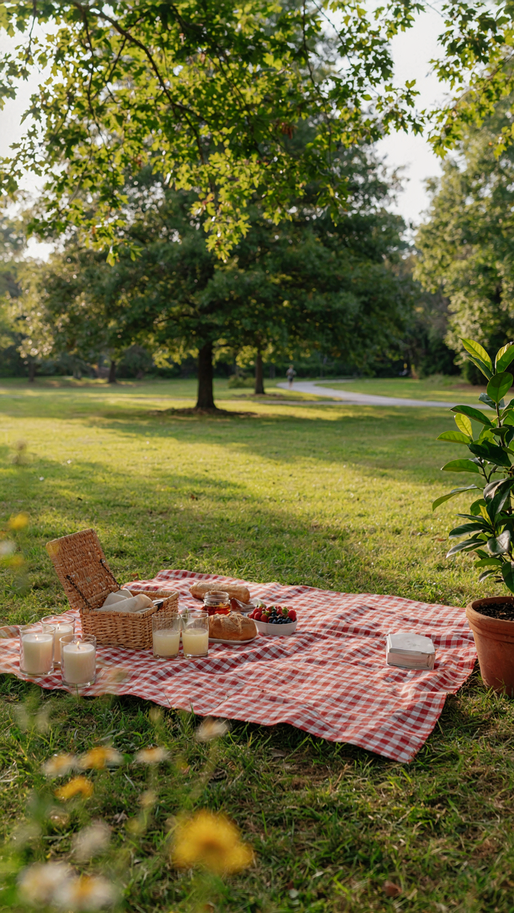 A picnic area is set up with candles and plants to keep bugs away.