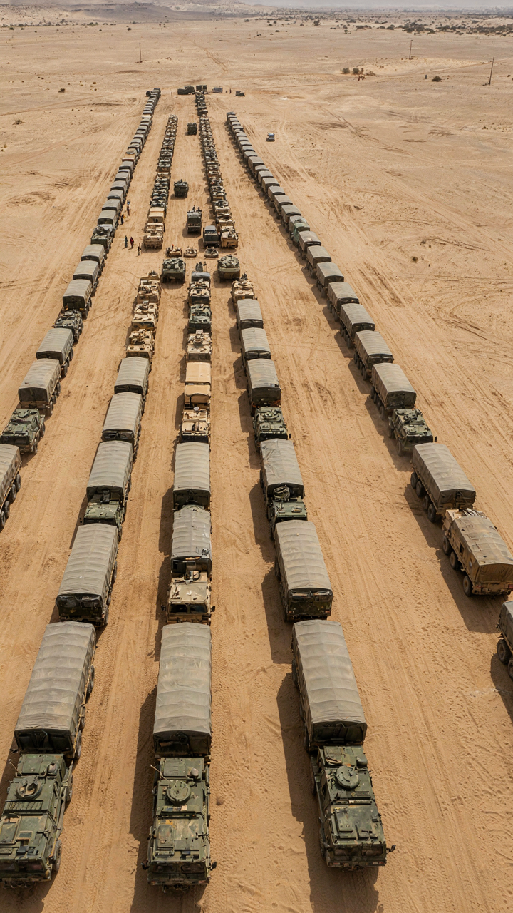 An aerial view of military supply trucks neatly arranged in lines in a desert.