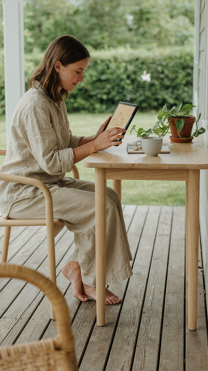 A person works on a tablet with an e-ink screen at an outdoor desk.