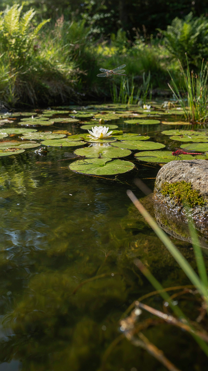 A small pond with lily pads and insects shows an ecological niche.