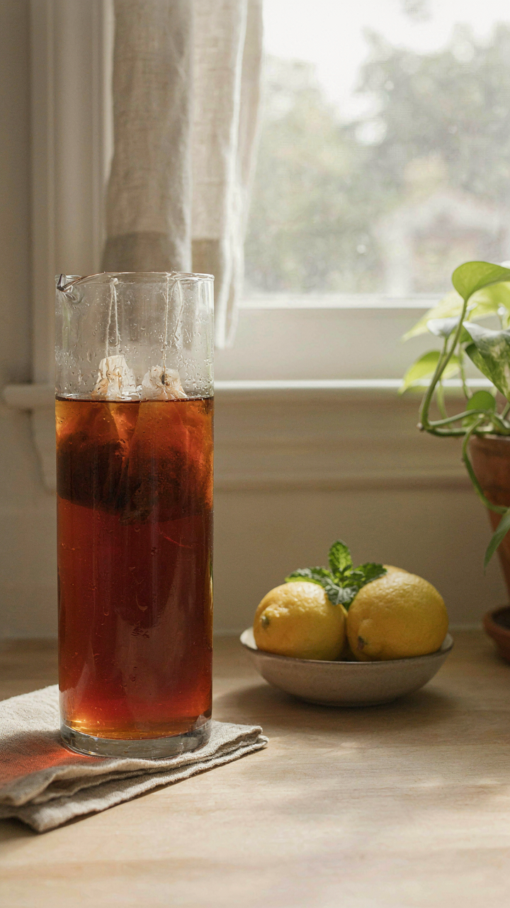 A large pitcher of cold brew iced tea steeping slowly on a sunny counter.