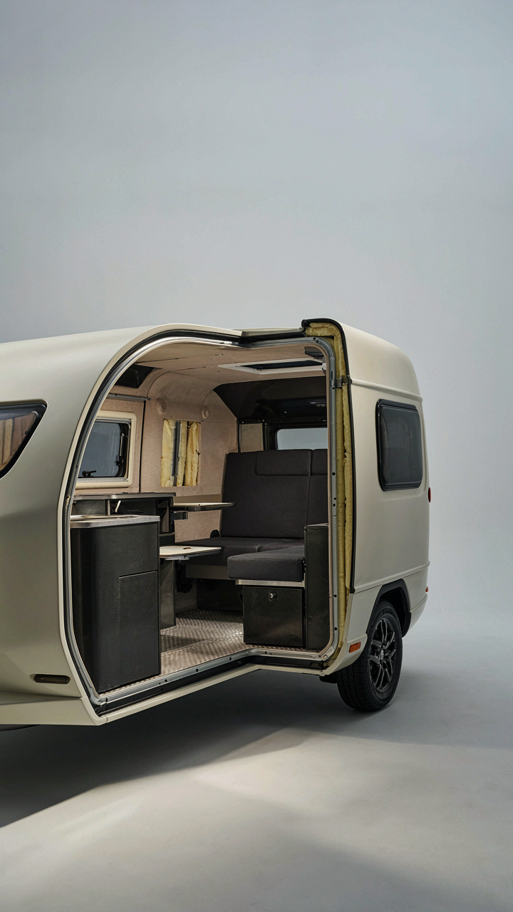 A lightweight camper trailer is cut open to show its thin, advanced interior materials.