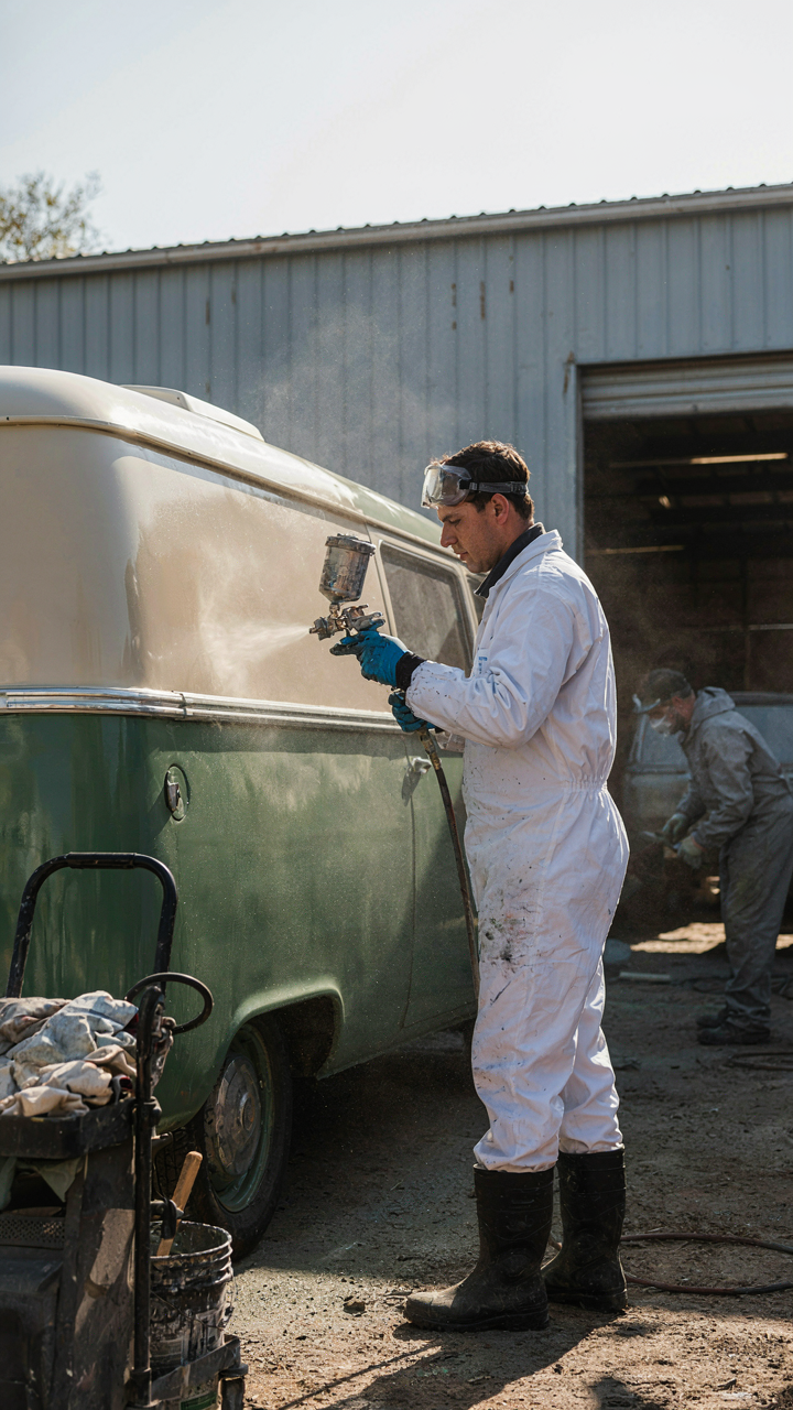 A painter uses a spray gun to apply paint evenly to a camper exterior.