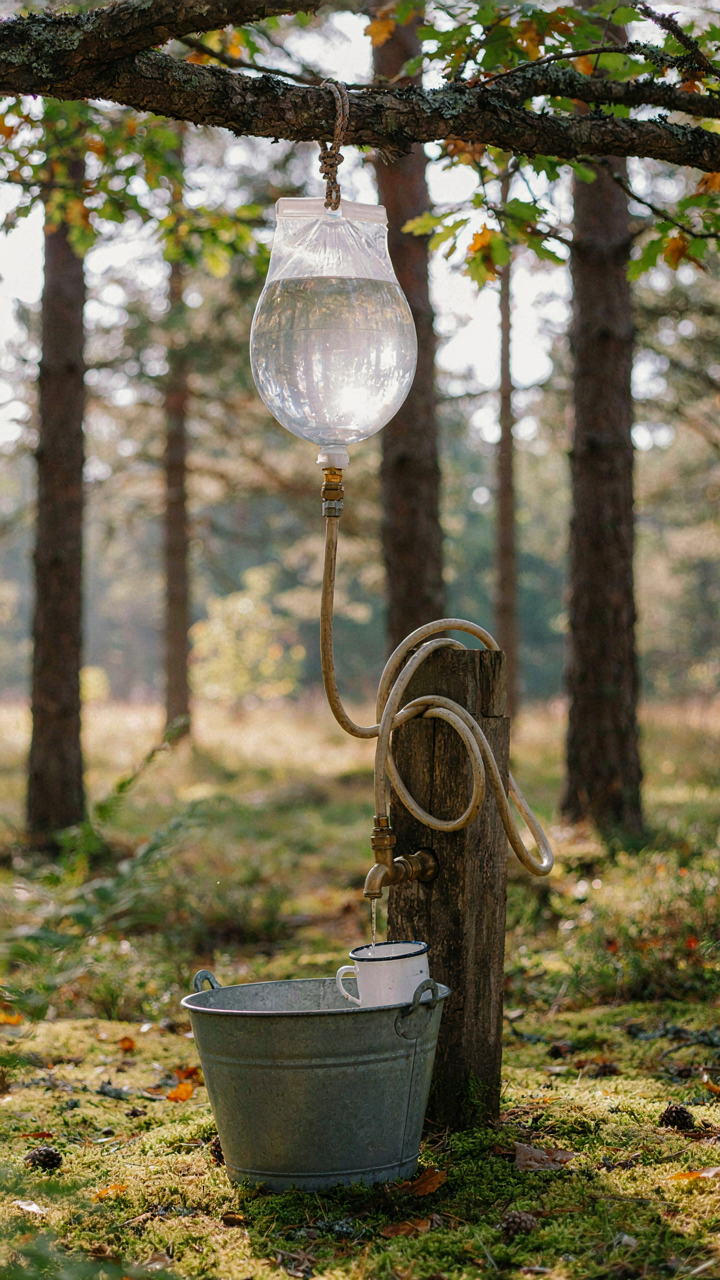 A DIY gravity-fed camping sink station uses a water bag high in a tree.