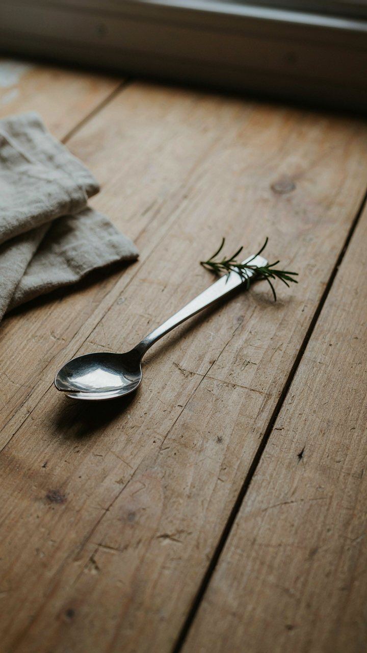 A single, versatile cooking tool rests on a clean wooden surface in a camper.