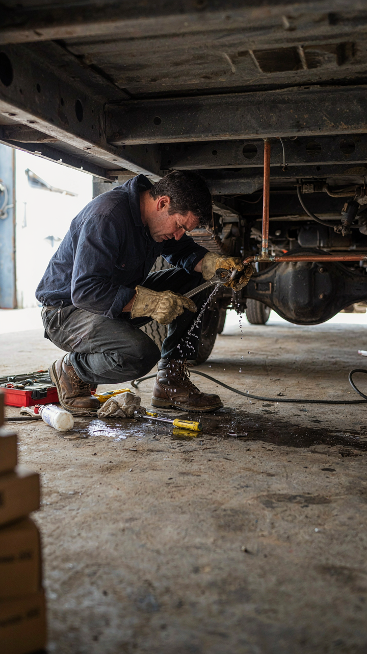 A person struggles to repair a leaking pipe under a box truck conversion.