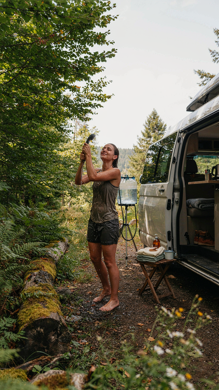 A person happily uses a portable shower outdoors next to their van.